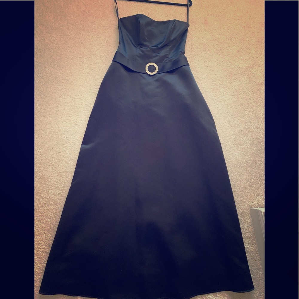 Betsy and Adam black satin gown with crystal belt